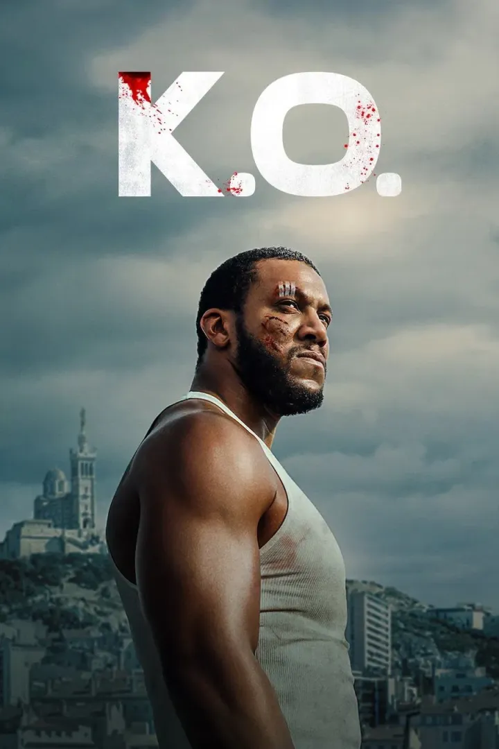 A determined, weathered face of a fighter, set against the shadowy, imposing backdrop of Marseille's urban landscape, hinting at the dangerous path ahead in K.O. (2025).